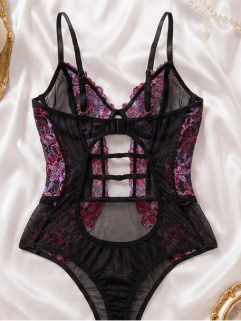 Floral Embroidered Mesh Teddy Bodysuit Lingerie โ Black with Burgundy & Lavender - Picture 2 of 5